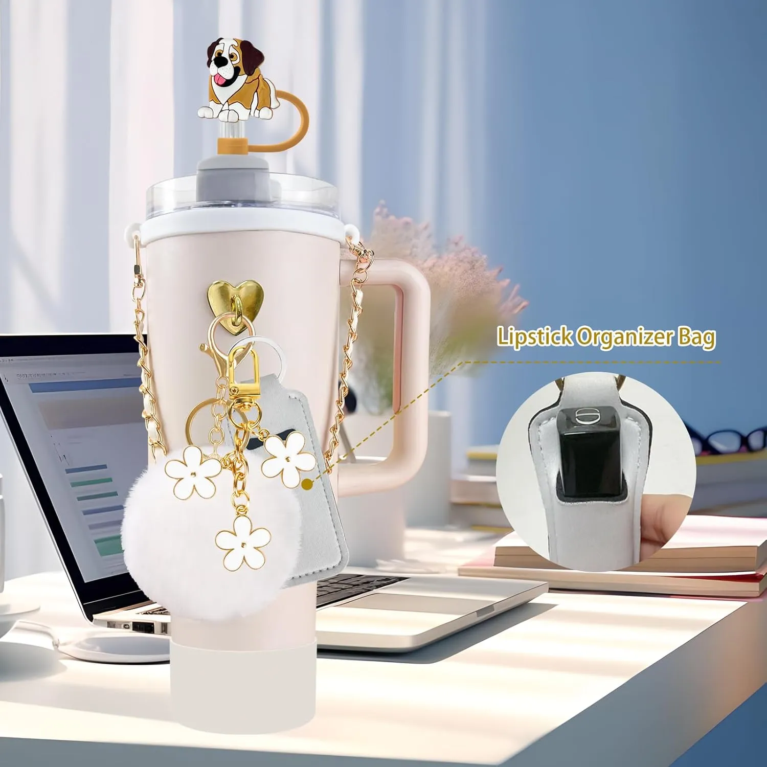 11 PCS Accessories for Stanley Cup, Water Bottle Handle Strap for Stanley 30/40 oz tumbler with handle, including Straw Toppers, Silicone Cup Boot, Keychain Charms