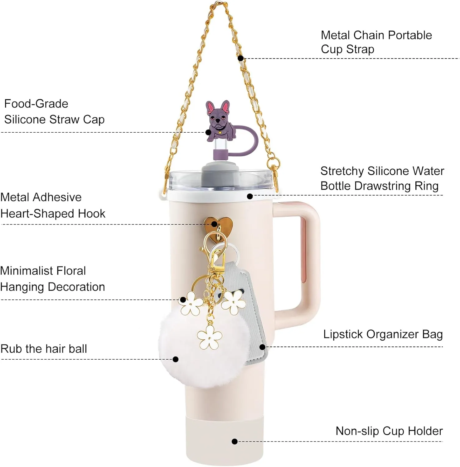 11 PCS Accessories for Stanley Cup, Water Bottle Handle Strap for Stanley 30/40 oz tumbler with handle, including Straw Toppers, Silicone Cup Boot, Keychain Charms