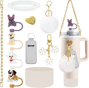 11 PCS Accessories for Stanley Cup, Water Bottle Handle Strap for Stanley 30/40 oz tumbler with handle, including Straw Toppers, Silicone Cup Boot, Keychain Charms