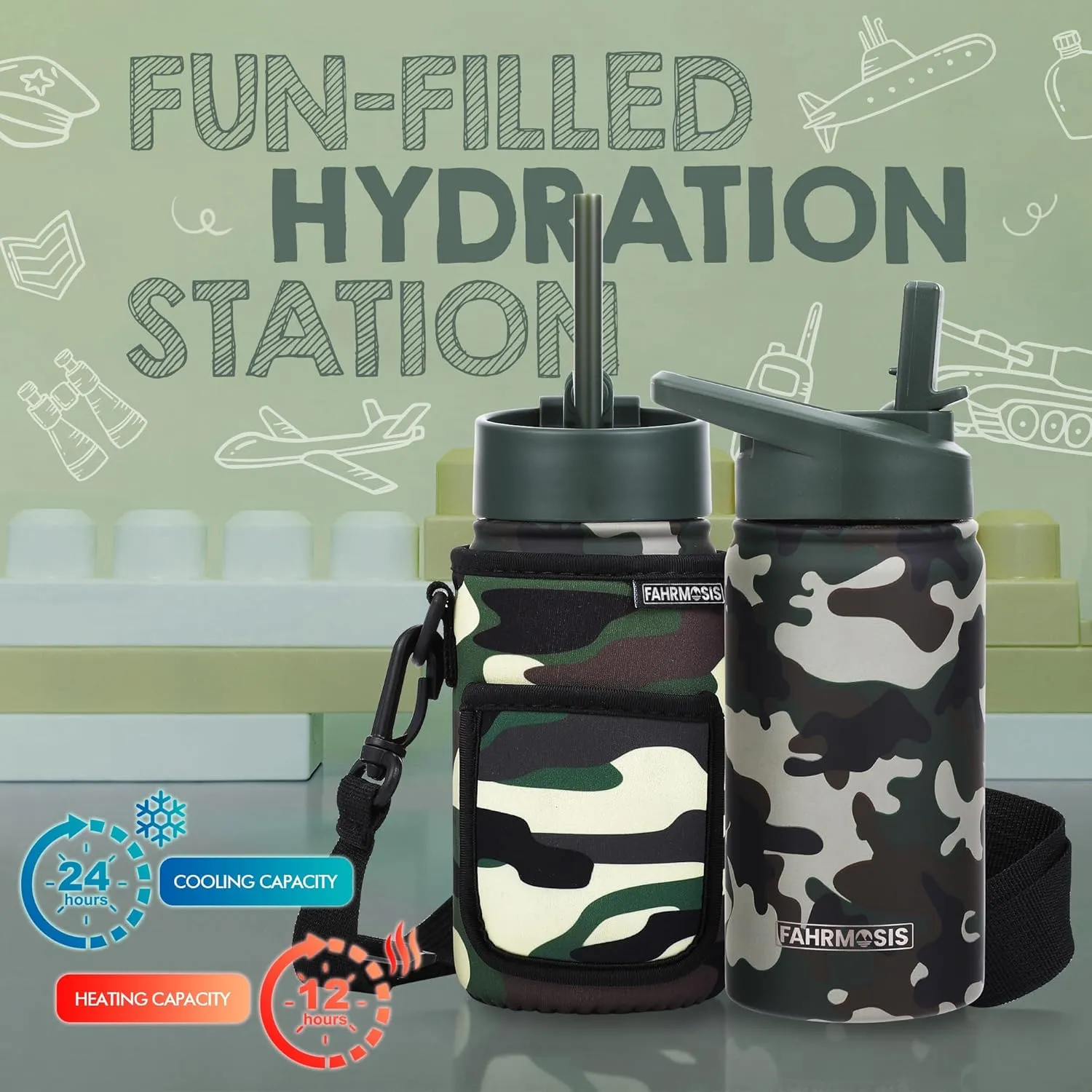 14 OZ Kids Water Bottle with Carrier Bag & Strap Leak Proof Metal Insulated Stainless Steel Tumbler with 2 Lids (Flip & Spout) for School & Sports Water Bottle with Straw - Camo