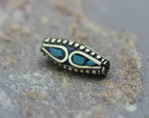 3 Sided Brass and Turquoise Tibetan Bead