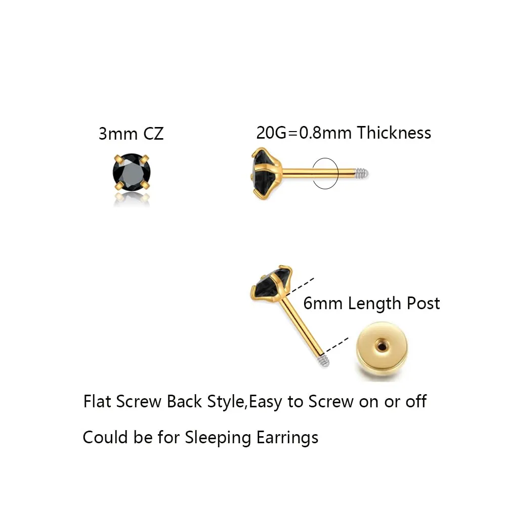 3Pairs CZ Stud Flat Screw Back Earrings for Women Multiple Piercing,Dainty Flatback Cubic Zirconia Cartilage Earring Stud,Helix Tragus Conch Piercing Jewelry (2mm/3mm/4mm Gold, Black CZ)