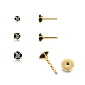 3Pairs CZ Stud Flat Screw Back Earrings for Women Multiple Piercing,Dainty Flatback Cubic Zirconia Cartilage Earring Stud,Helix Tragus Conch Piercing Jewelry (2mm/3mm/4mm Gold, Black CZ)