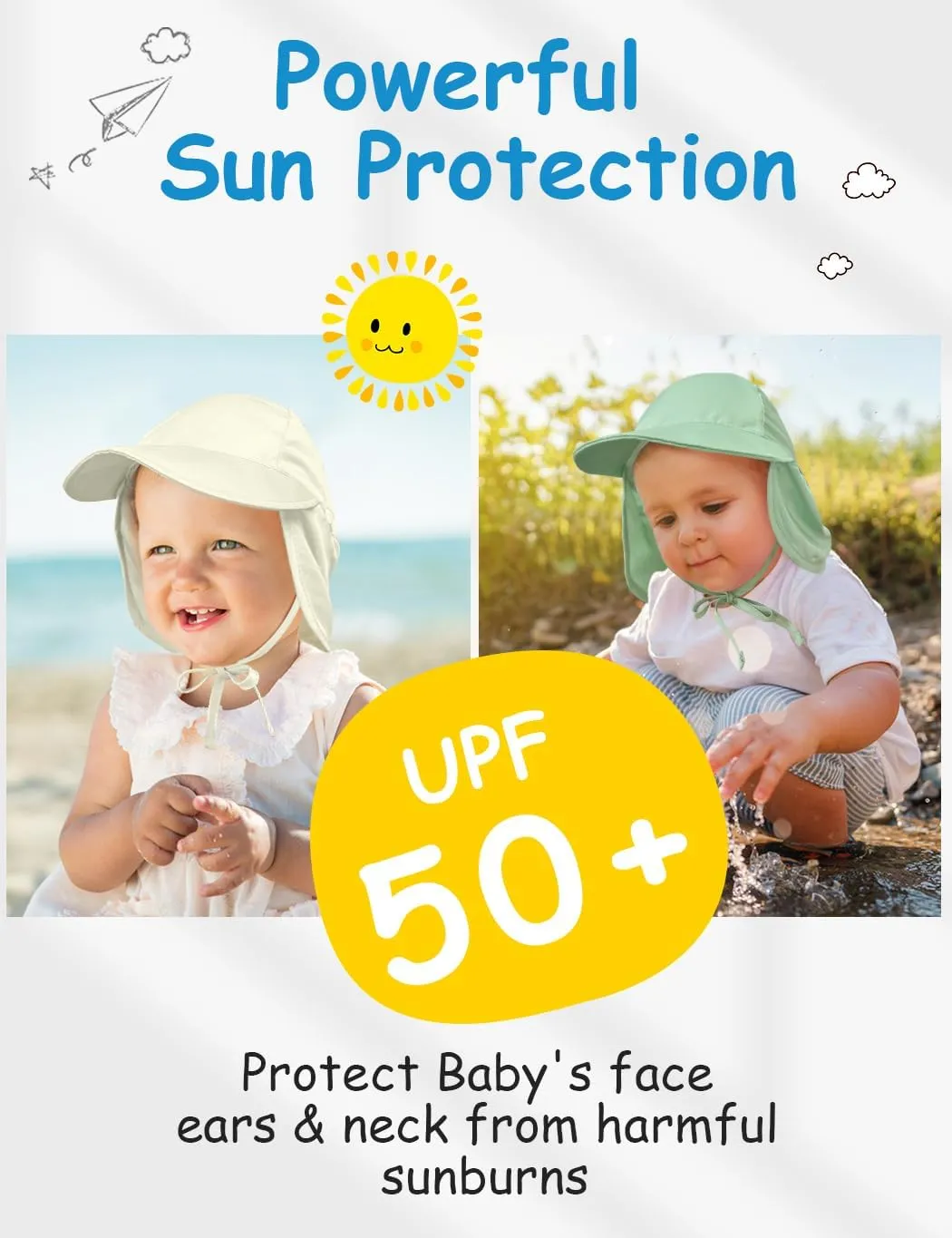 Adjustable Baby Sun Hat Boys Girls, UPF 50  Toddler Summer Beach Swim Hat with Neck Flap for Infant Traveling Cap