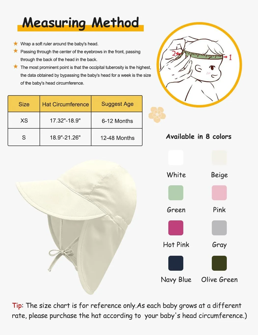 Adjustable Baby Sun Hat Boys Girls, UPF 50  Toddler Summer Beach Swim Hat with Neck Flap for Infant Traveling Cap