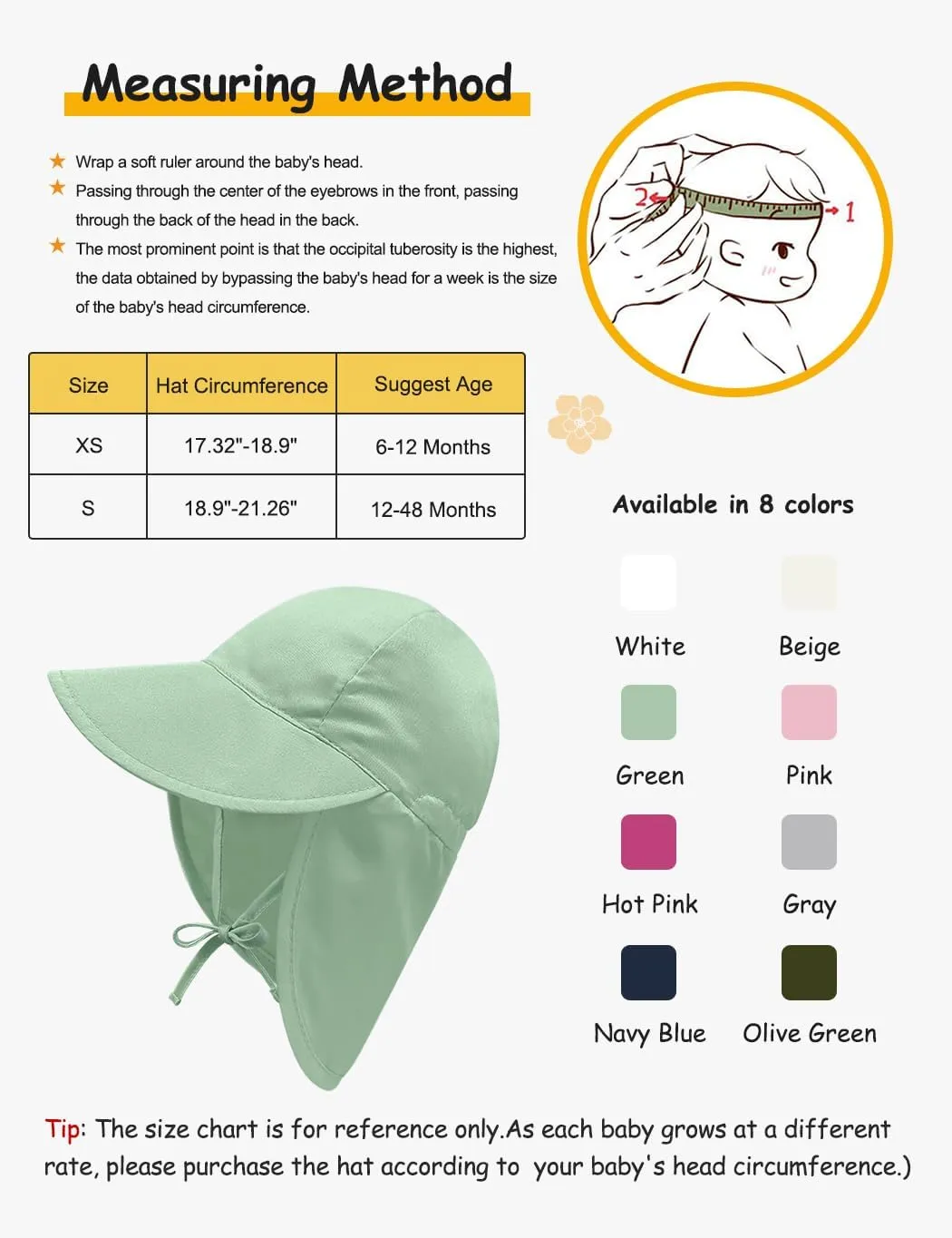 Adjustable Baby Sun Hat Boys Girls, UPF 50  Toddler Summer Beach Swim Hat with Neck Flap for Infant Traveling Cap