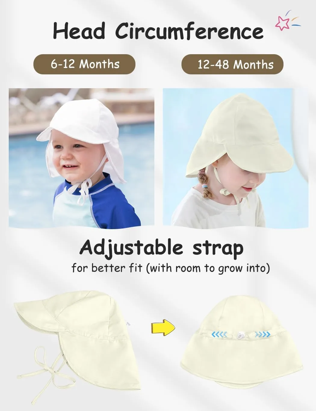 Adjustable Baby Sun Hat Boys Girls, UPF 50  Toddler Summer Beach Swim Hat with Neck Flap for Infant Traveling Cap