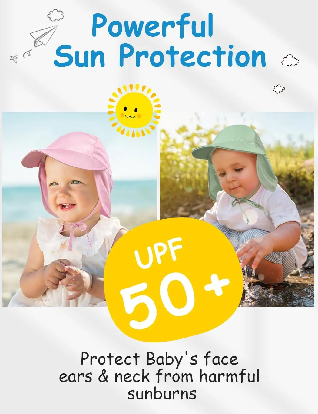 Adjustable Baby Sun Hat Boys Girls, UPF 50  Toddler Summer Beach Swim Hat with Neck Flap for Infant Traveling Cap