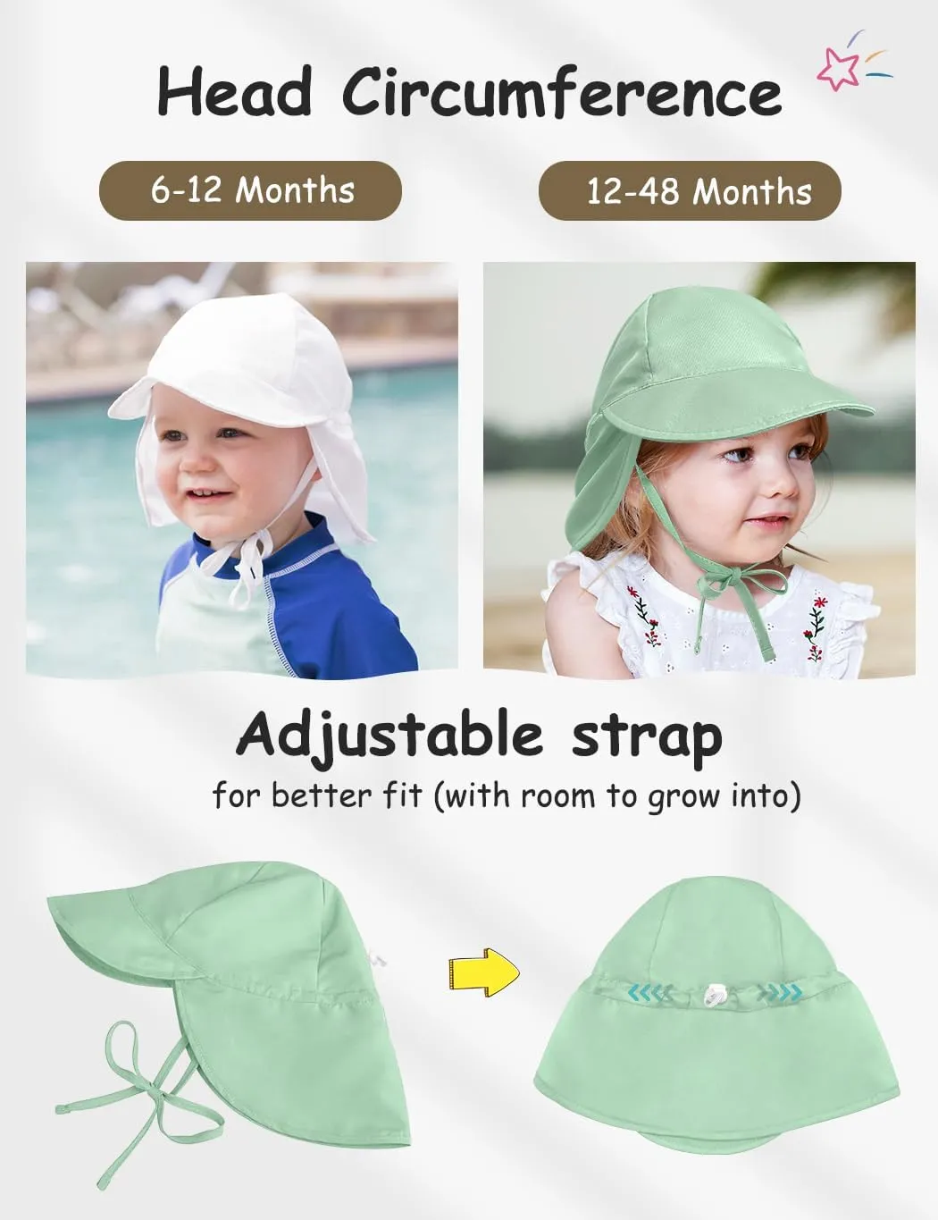 Adjustable Baby Sun Hat Boys Girls, UPF 50  Toddler Summer Beach Swim Hat with Neck Flap for Infant Traveling Cap