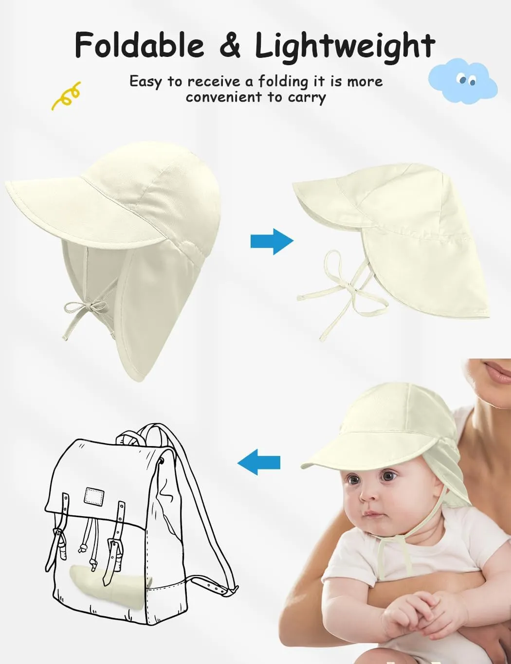 Adjustable Baby Sun Hat Boys Girls, UPF 50  Toddler Summer Beach Swim Hat with Neck Flap for Infant Traveling Cap