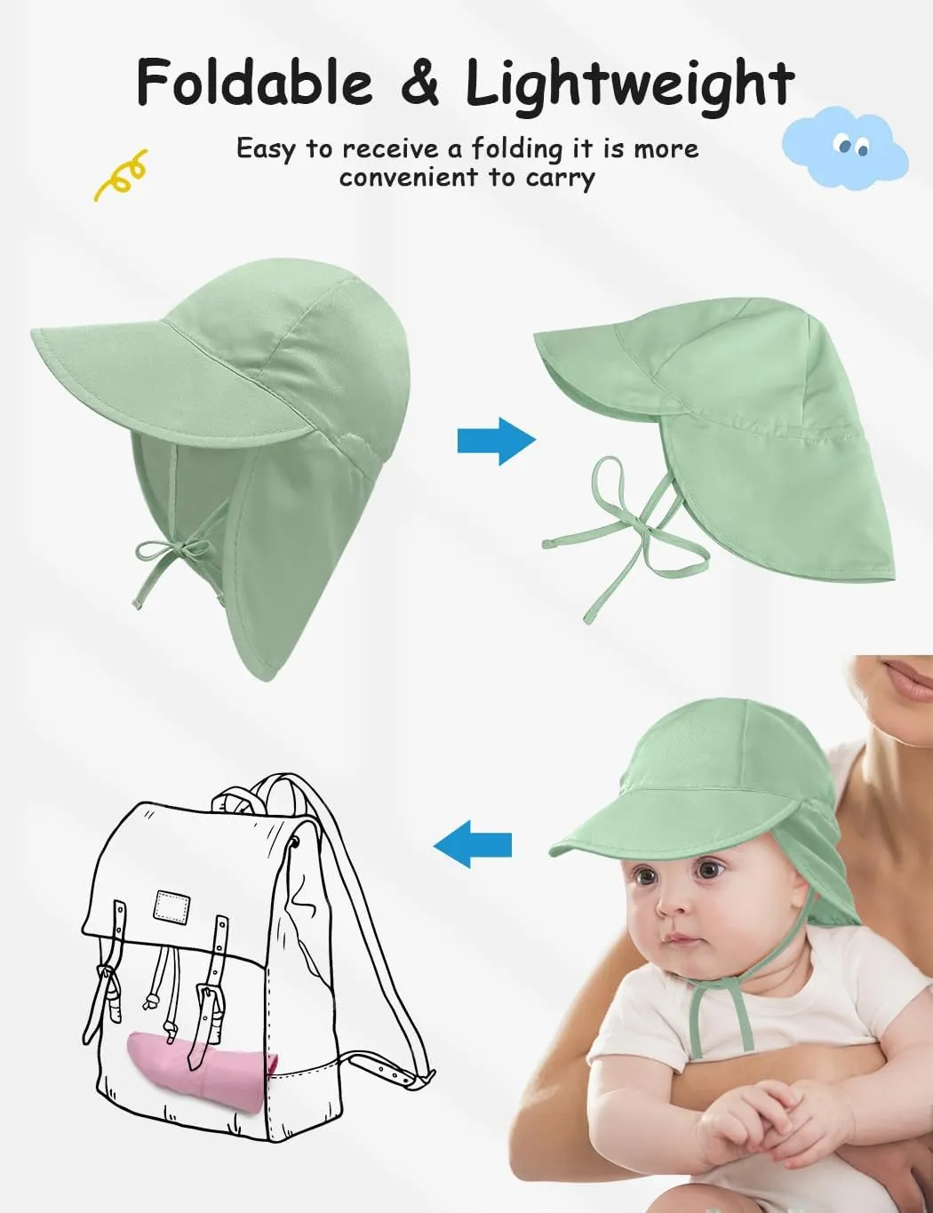 Adjustable Baby Sun Hat Boys Girls, UPF 50  Toddler Summer Beach Swim Hat with Neck Flap for Infant Traveling Cap