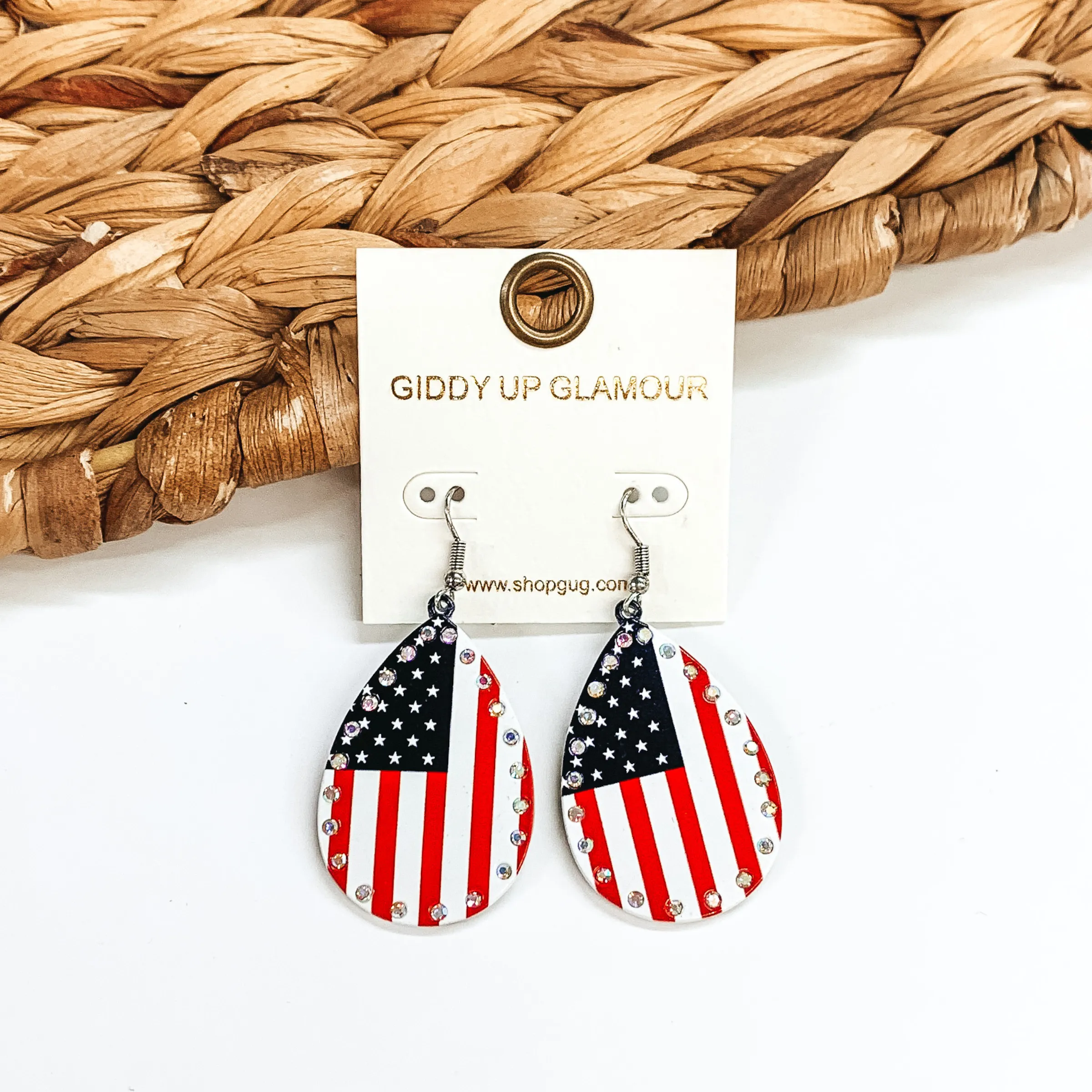American Flag Metal Teardrop Earrings with Crystals