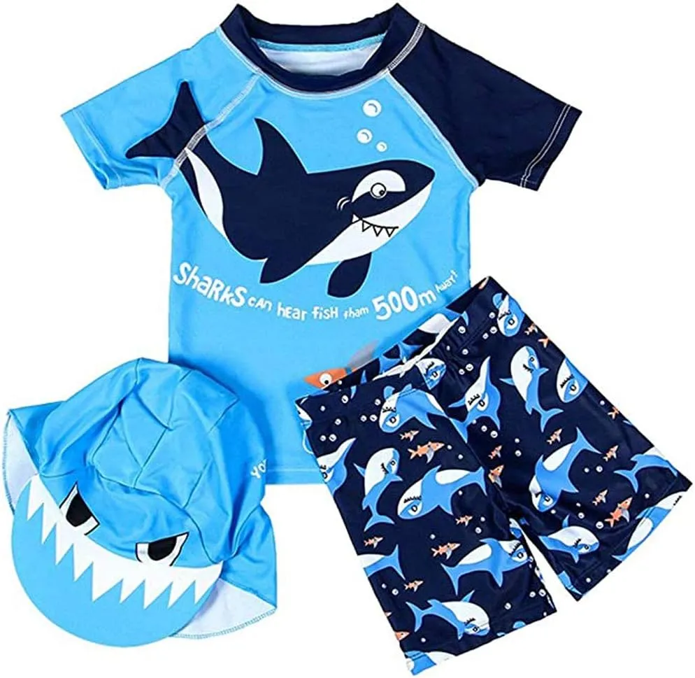 Baby Boys Swimsuit Toddler Two Pieces Swimwear Set Dinosaur Bathing Suit Rash Guards with Hat UPF 50 