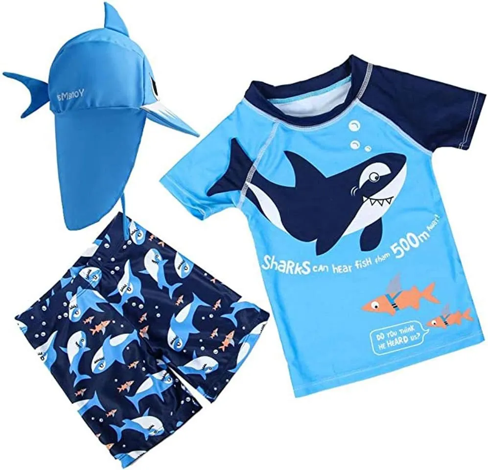 Baby Boys Swimsuit Toddler Two Pieces Swimwear Set Dinosaur Bathing Suit Rash Guards with Hat UPF 50 