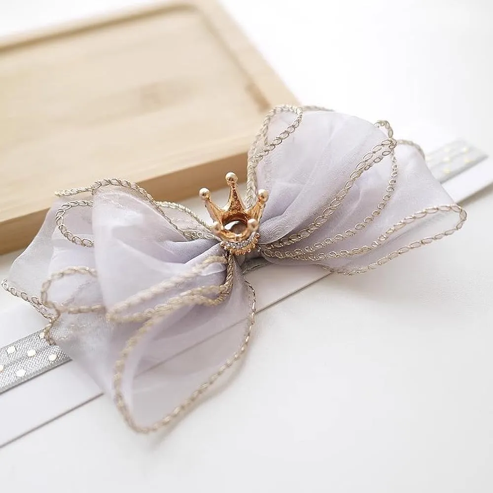 Bethynas Princess Crown Lace Bowknot Headband for Baby Girls Handmade Chiffon Elastic Baby Hairband Birthday Party Crown Hair Accessories for Newborn Infant Toddlers (Style 1 - grey)