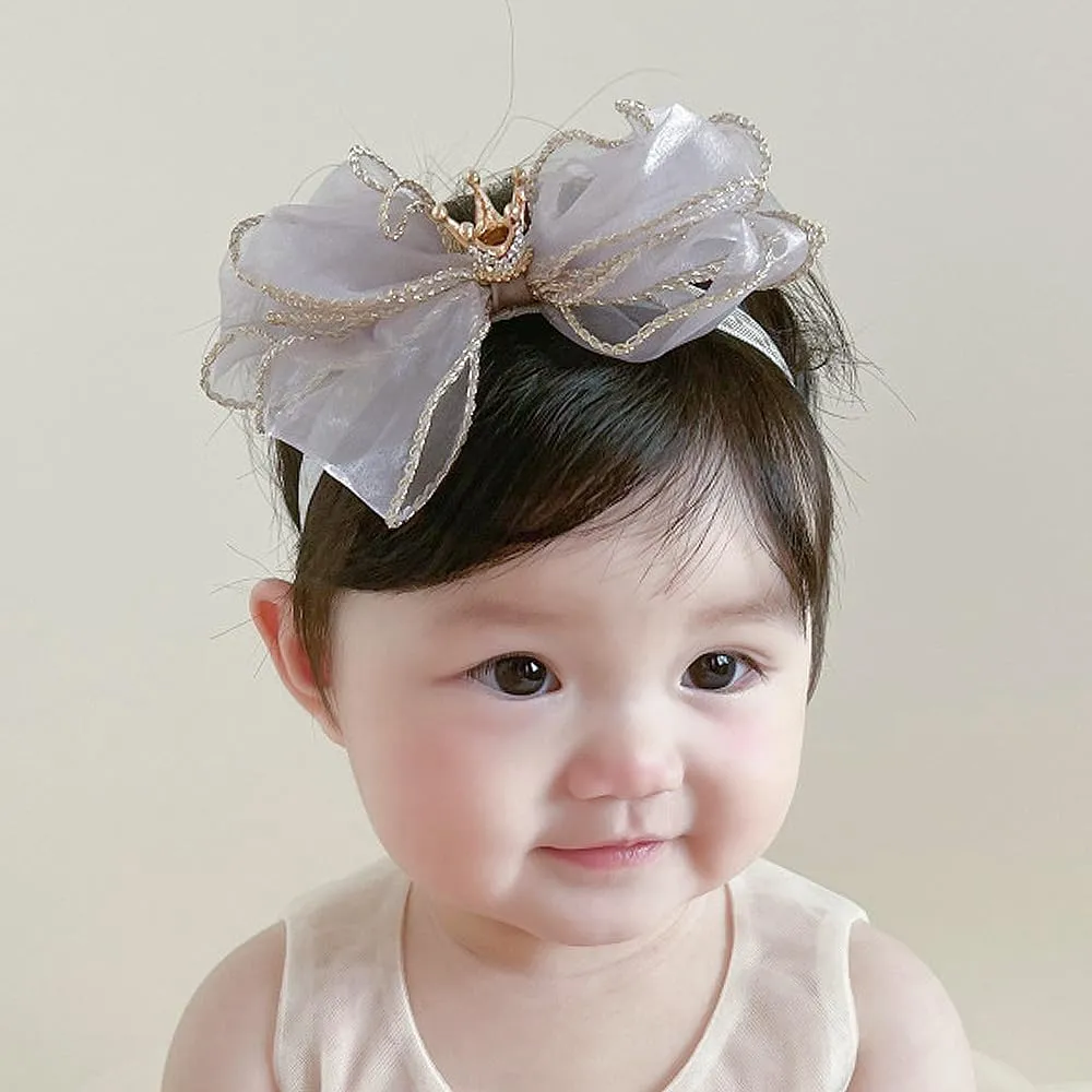 Bethynas Princess Crown Lace Bowknot Headband for Baby Girls Handmade Chiffon Elastic Baby Hairband Birthday Party Crown Hair Accessories for Newborn Infant Toddlers (Style 1 - grey)