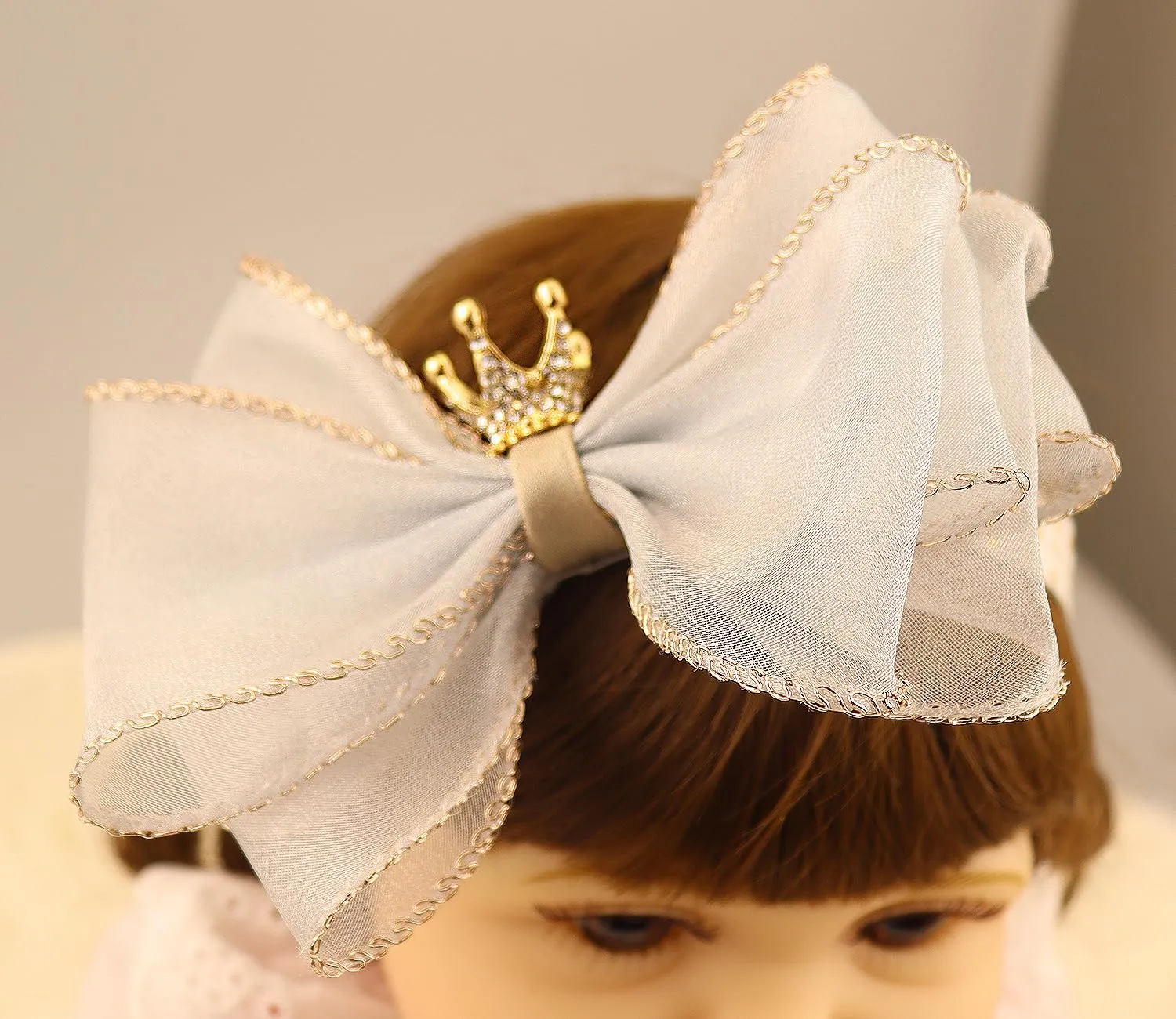 Bethynas Princess Crown Lace Bowknot Headband for Baby Girls Handmade Chiffon Elastic Baby Hairband Birthday Party Crown Hair Accessories for Newborn Infant Toddlers (Style 1 - grey)