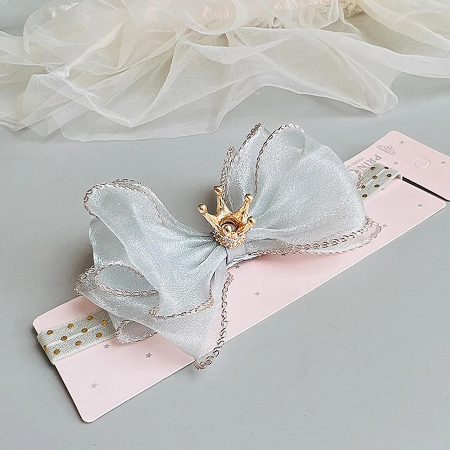 Bethynas Princess Crown Lace Bowknot Headband for Baby Girls Handmade Chiffon Elastic Baby Hairband Birthday Party Crown Hair Accessories for Newborn Infant Toddlers (Style 1 - grey)
