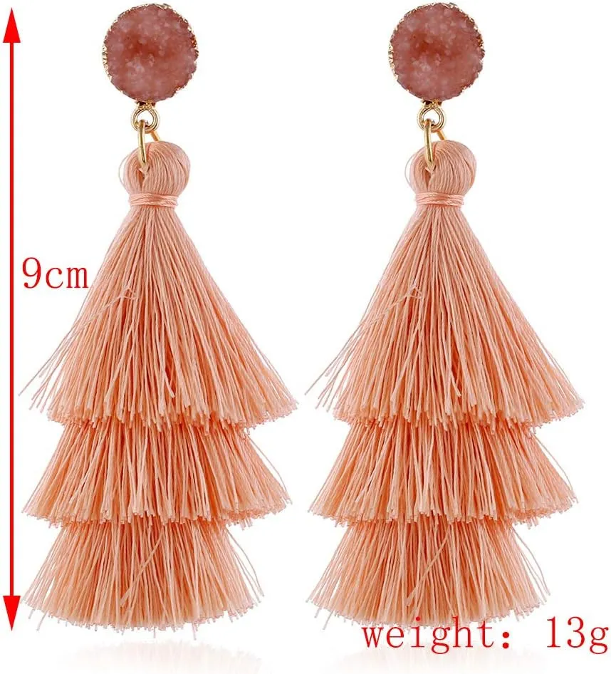 Boho Statement Tassel Clip On Drop Earrings - Feather, Non-Piercing, Dangling Fringe Earrings for Women - Vacation, Beach, Bride, Bachelorette, Costume, Prom Jewelry
