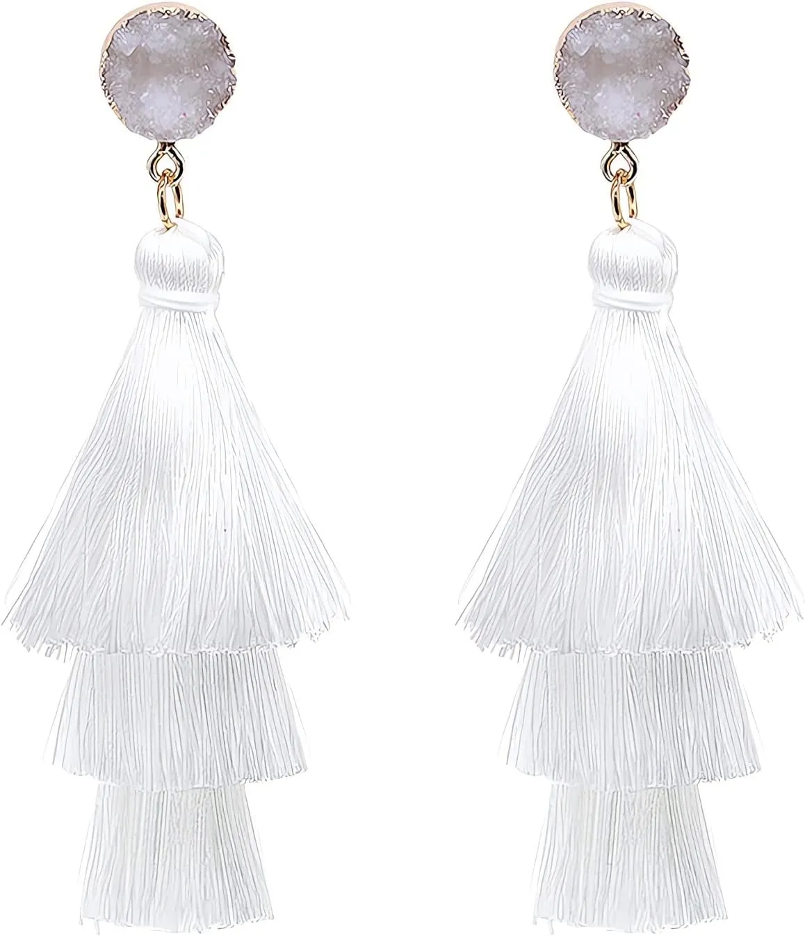 Boho Statement Tassel Clip On Drop Earrings - Feather, Non-Piercing, Dangling Fringe Earrings for Women - Vacation, Beach, Bride, Bachelorette, Costume, Prom Jewelry