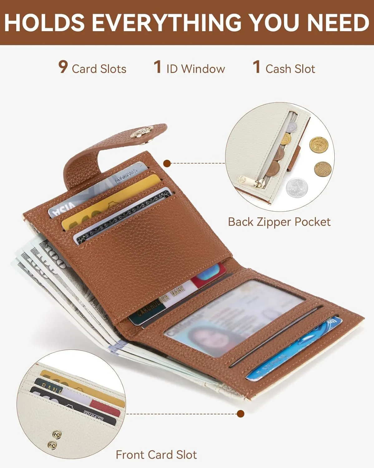 BOSTANTEN Slim Wallet for Women Small RFID Blocking Credit Card Holder Leather Bifold Wallets with Zipper Coin Pocket BeigeBrown