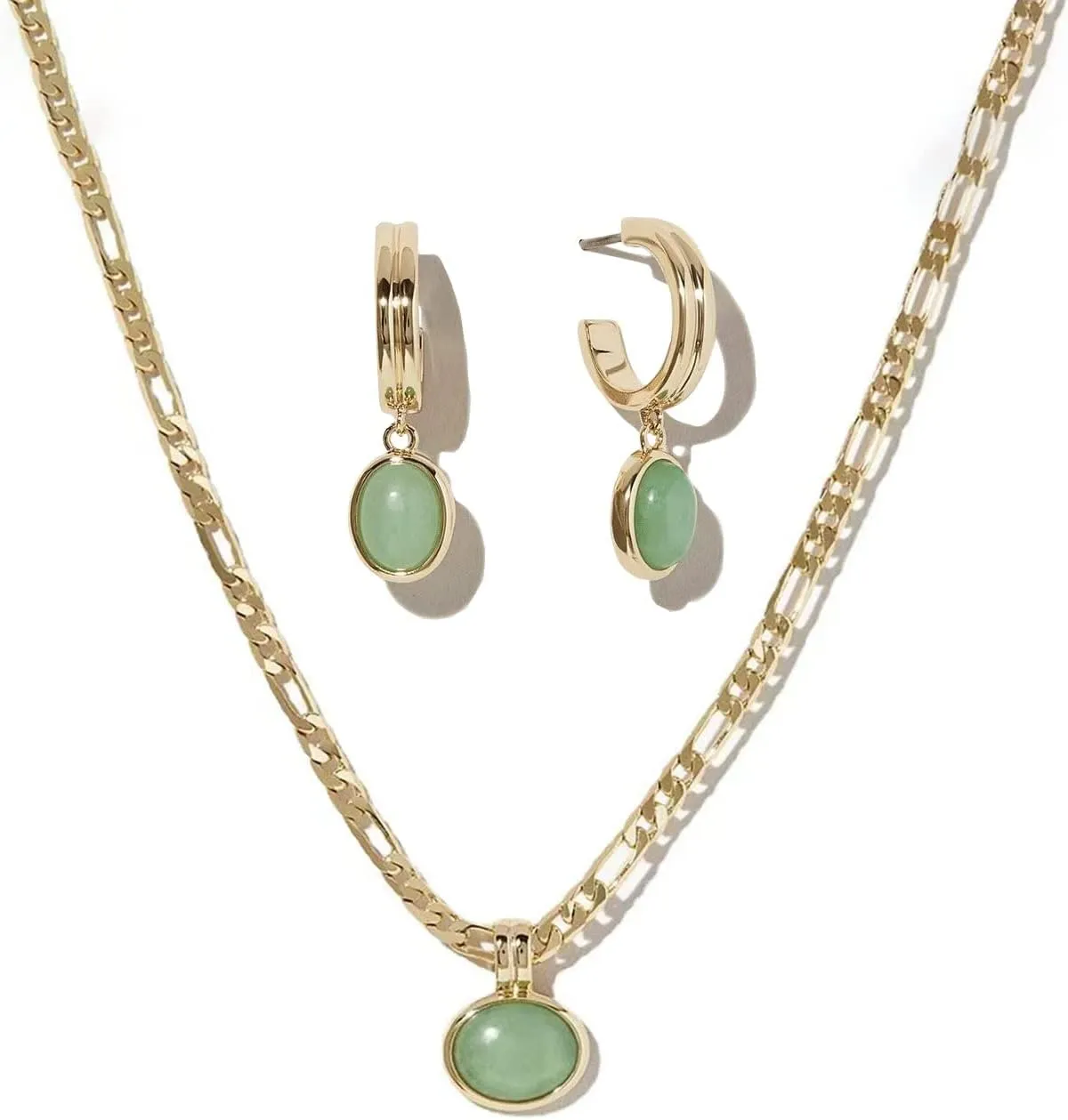 DISTANT DRUMS Simple Natural Green Aventurine Stone Jewelry Set for Women,Hoop Earrings,Bracelet,Necklace,18K Gold-plated Spiritual Gift,Fortunate Stone Jewelry,Choker