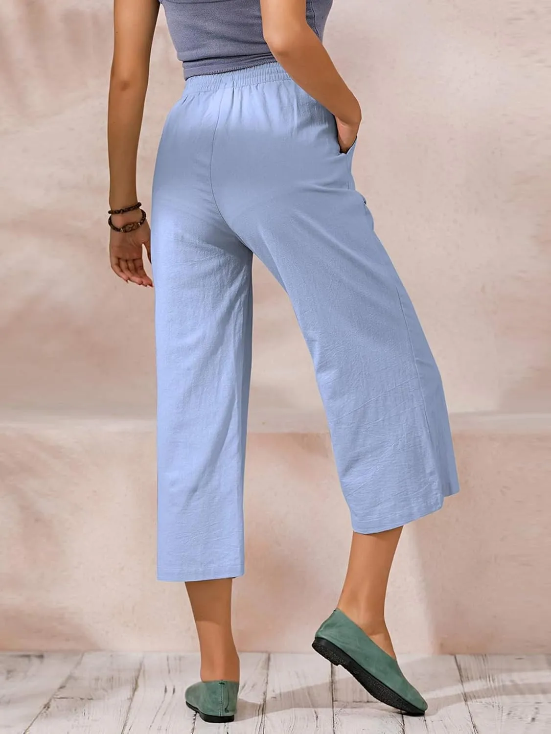 ECUPPER Womens Cotton Cropped Pants Loose Fit Wide Leg Capri Casual Plus Size Elastic Waist Trousers
