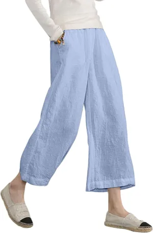 ECUPPER Womens Cotton Cropped Pants Loose Fit Wide Leg Capri Casual Plus Size Elastic Waist Trousers
