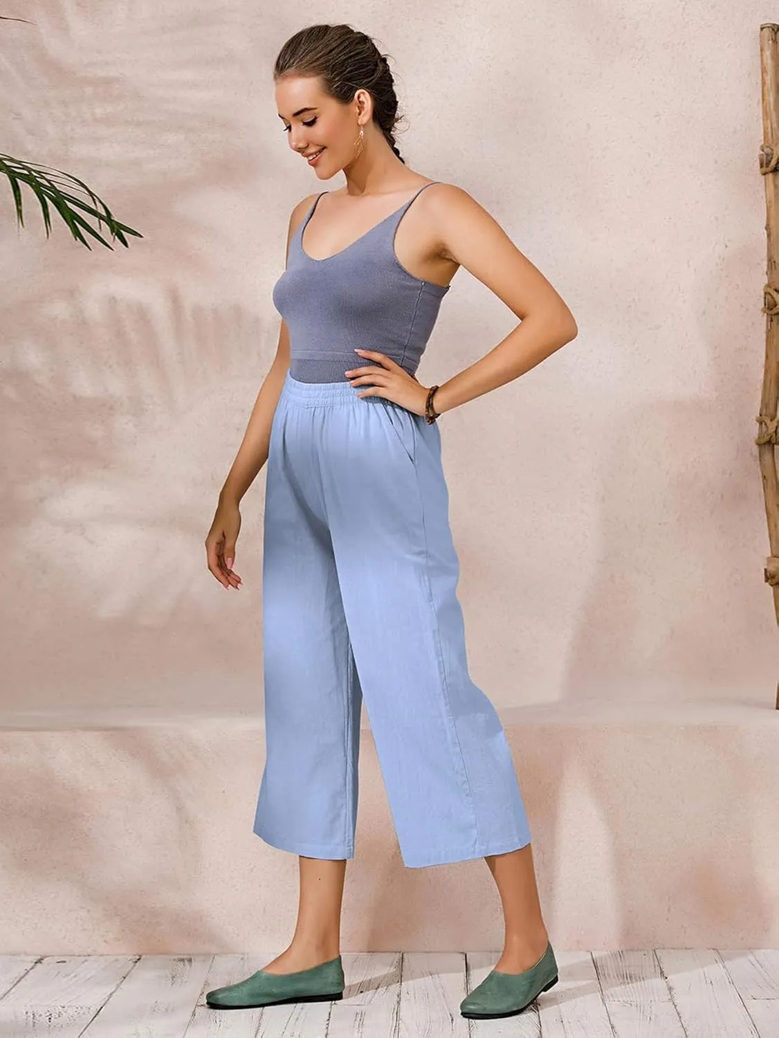 ECUPPER Womens Cotton Cropped Pants Loose Fit Wide Leg Capri Casual Plus Size Elastic Waist Trousers