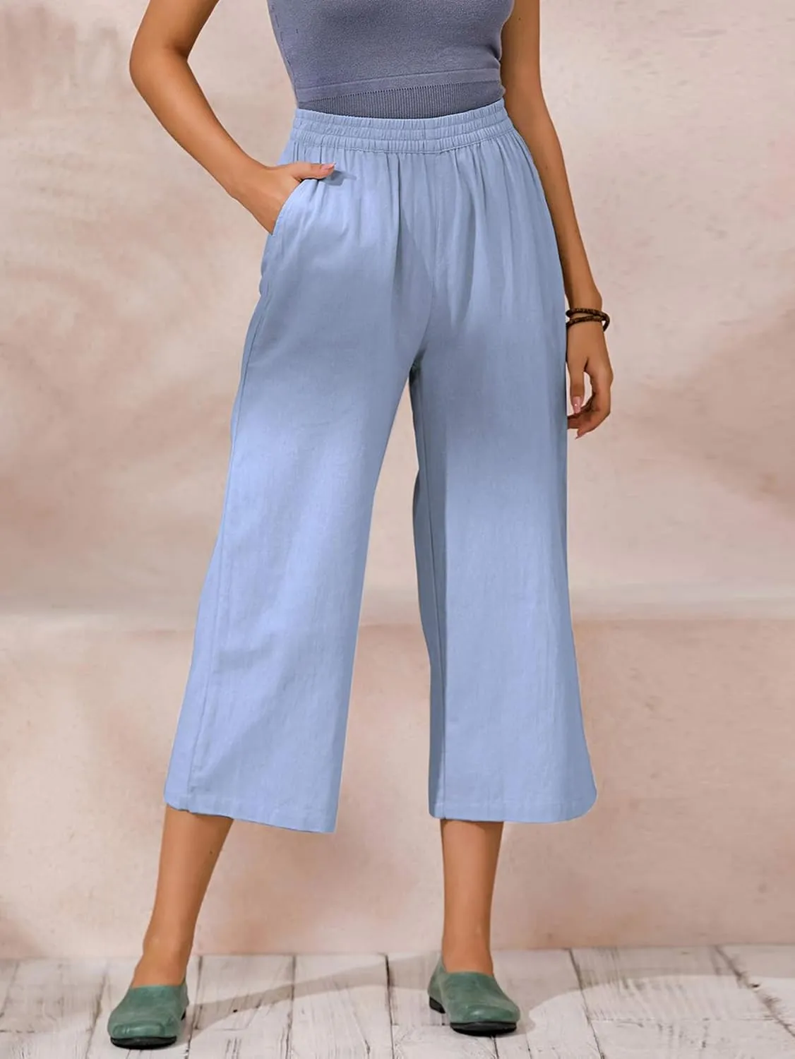 ECUPPER Womens Cotton Cropped Pants Loose Fit Wide Leg Capri Casual Plus Size Elastic Waist Trousers