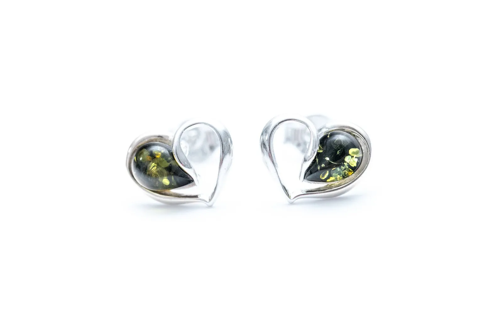 Green Amber Heart Stud Earrings