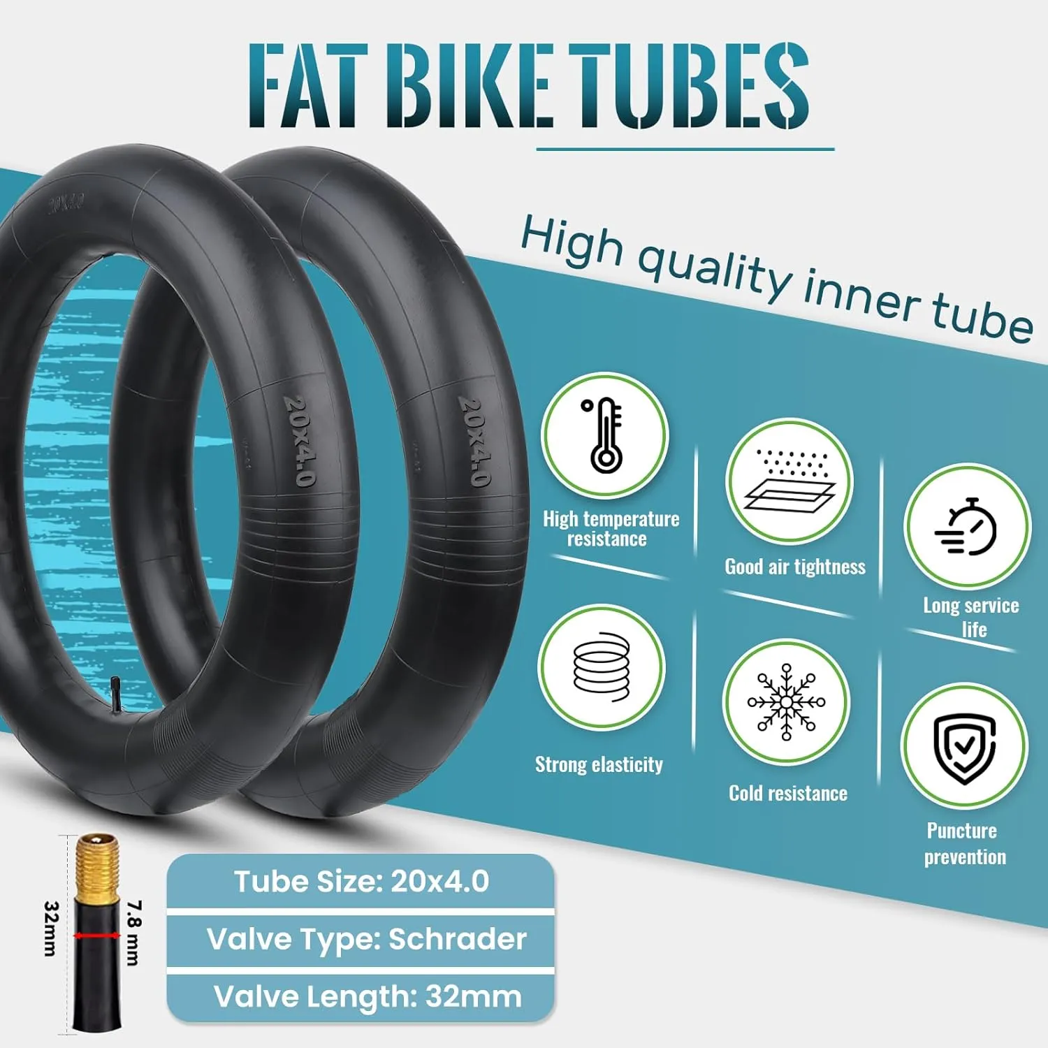 Hycline Fat Bike Inner Tube: 20/26x3.0-4.0 Inch 2-Pack Electric Fat Tire Tubes AV 32mm Schrader Valve, Premium Butyl Rubber Puncture Resistant Replacement Tubes with 2 Tire Levers