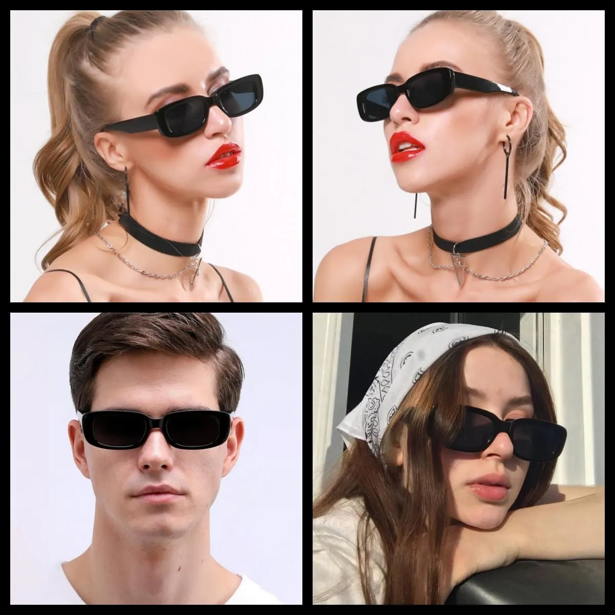 IKANOO Retro Rectangle Sunglasses for Women Men Small Square Frame Trendy Y2K 90s Black Sunglasses