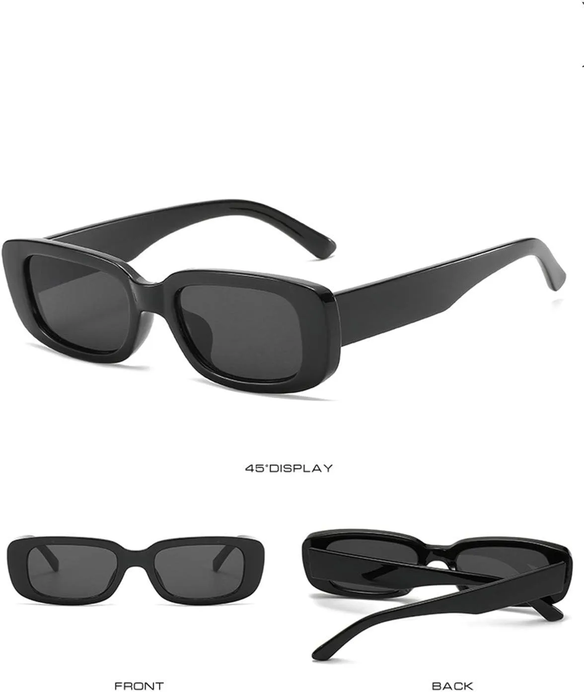 IKANOO Retro Rectangle Sunglasses for Women Men Small Square Frame Trendy Y2K 90s Black Sunglasses