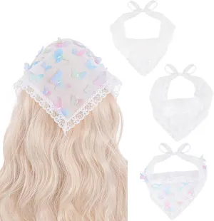 Kerchief Headbands Bandana, 3 PCS Hair Bandanas for Women Boho, Butterfly Lace Headscarf Flower Knitted Floral Hair Bandanas for Women, Headwrap for Girls Lightweight