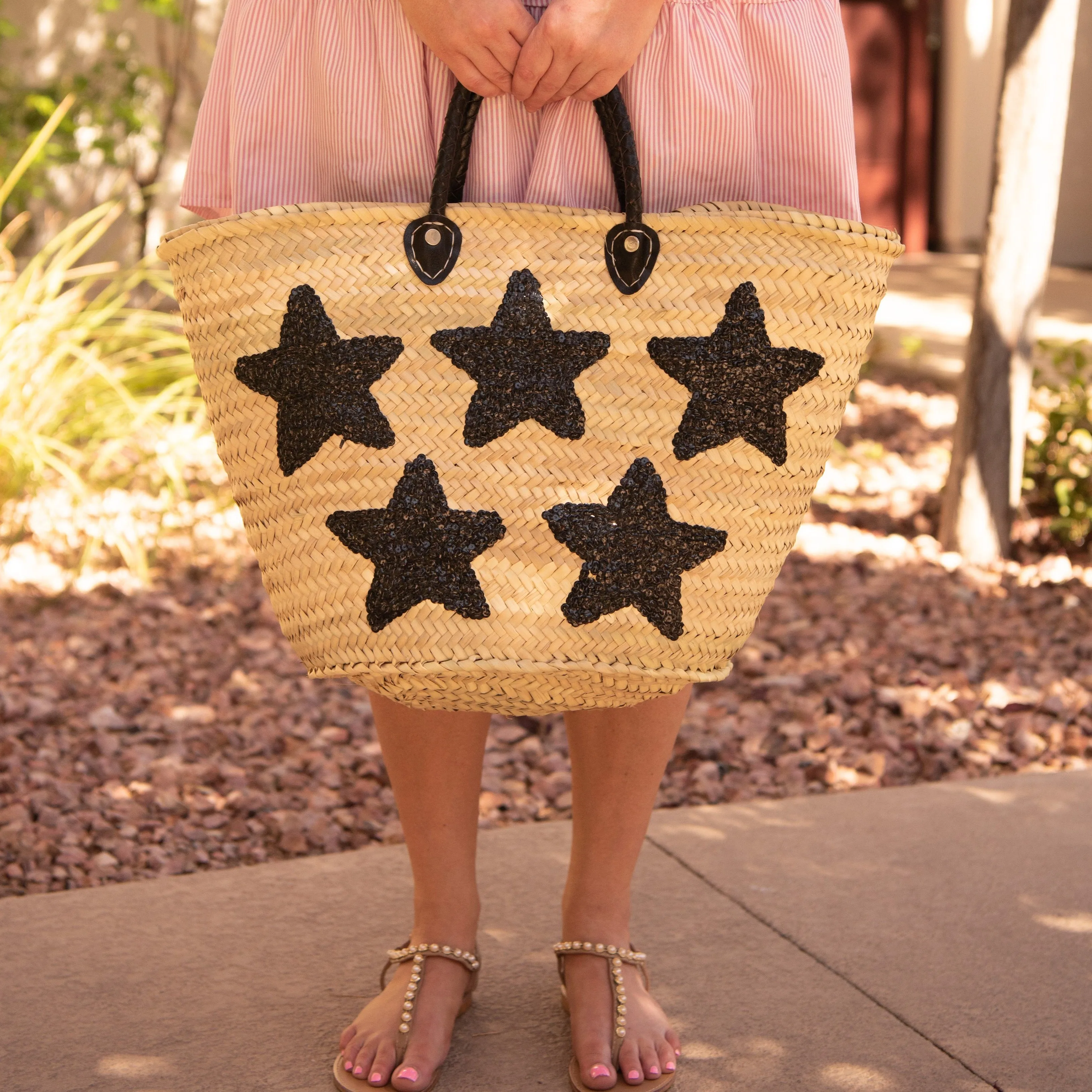 Large Straw Tote with Black Sequin Stars