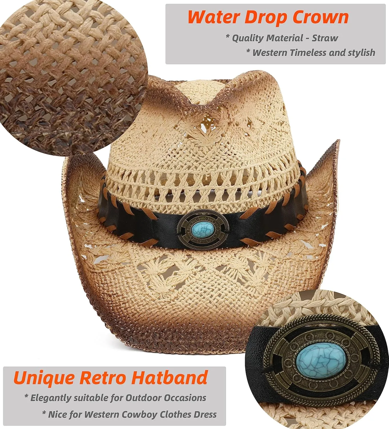 Men Women Cowgirl Straw Western Cowboy Hat