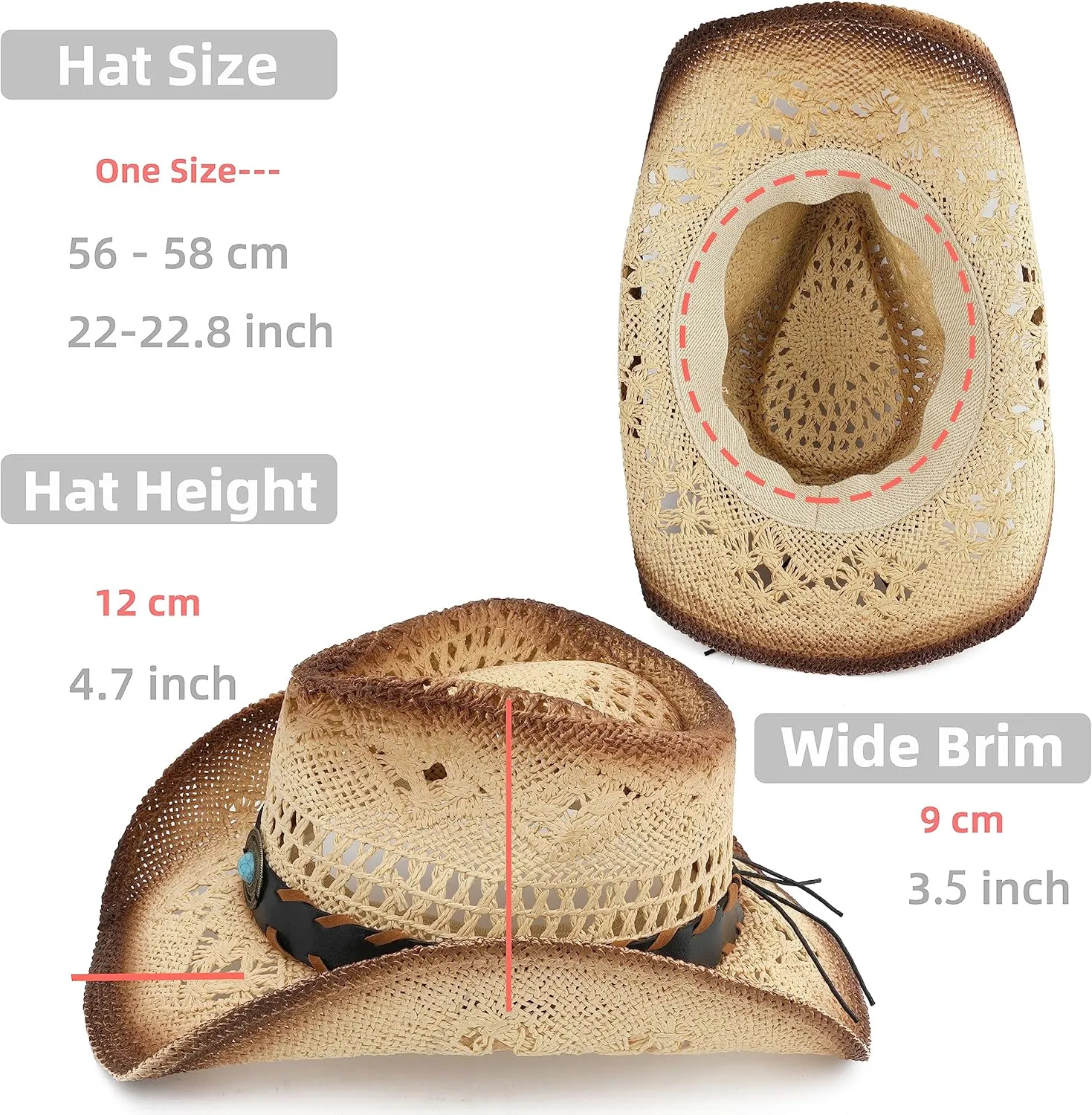 Men Women Cowgirl Straw Western Cowboy Hat