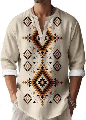 Mens Summer Cotton Linen Shirts 2025 Casual Button Down Long Sleeve Henley Shirts Vintage Beach Vacation T-Shirts