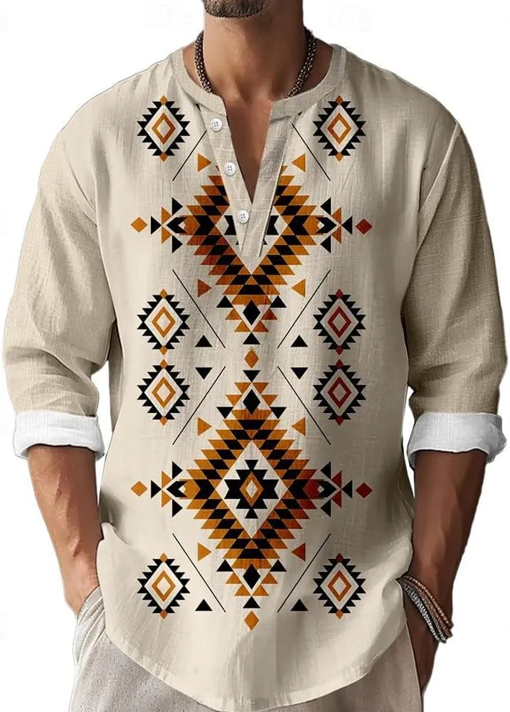 Mens Summer Cotton Linen Shirts 2025 Casual Button Down Long Sleeve Henley Shirts Vintage Beach Vacation T-Shirts