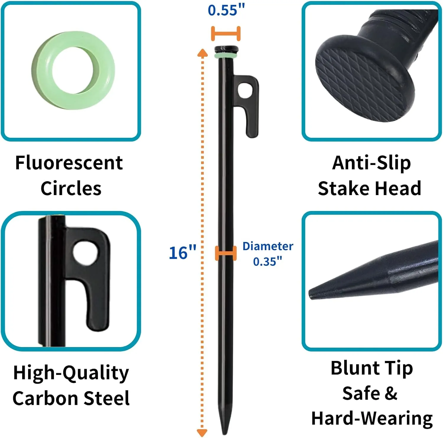 Pack of 8 Tent Stakes Heavy Duty for Camping, 16Inch Carbon Steel Tent Stakes, Ground Anchors Tent Accessories with Fluorescent Silicone Rings (40cm)