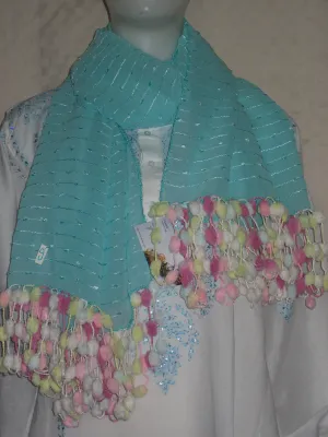 Scarf 2431 Blue Pom Pom Dupatta Chunni Shawl Wrap Shieno