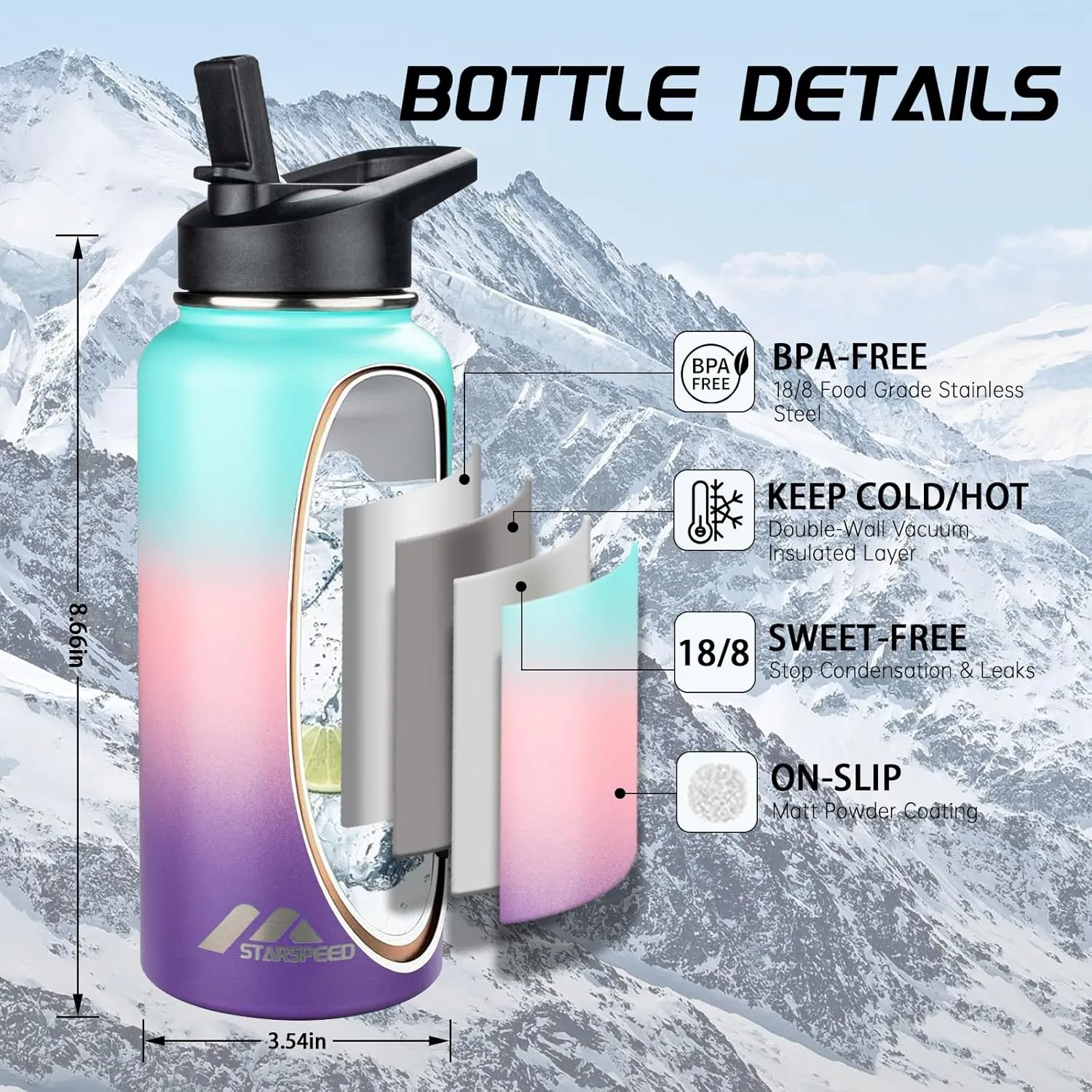 StarSpeed 32oz Insulated Water Bottle with Straws & 2 Lids, Stainless Steel Double Walled Vacuum Water Flask, Wide Mouth Sports Water Bottle for Gym Camping Hiking, Hydrangea