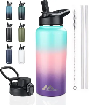 StarSpeed 32oz Insulated Water Bottle with Straws & 2 Lids, Stainless Steel Double Walled Vacuum Water Flask, Wide Mouth Sports Water Bottle for Gym Camping Hiking, Hydrangea