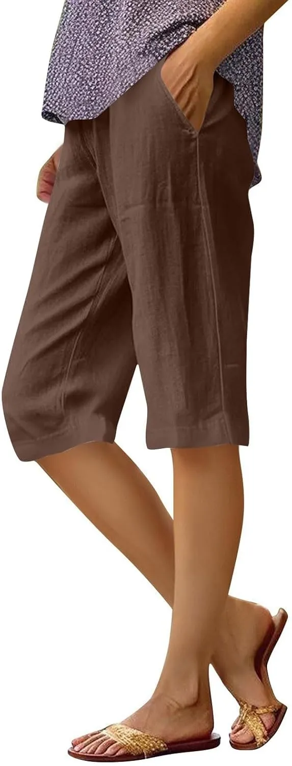 Summer Shorts for Women Elastic High Waisted Linen Pedal Pushers with Pockets Business Casual Cropped Work Pants