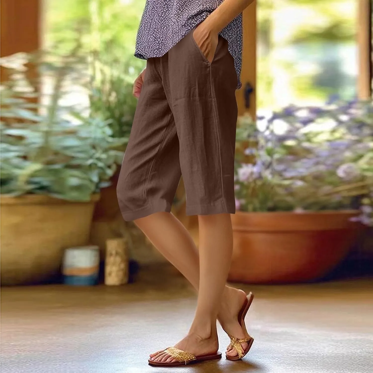 Summer Shorts for Women Elastic High Waisted Linen Pedal Pushers with Pockets Business Casual Cropped Work Pants