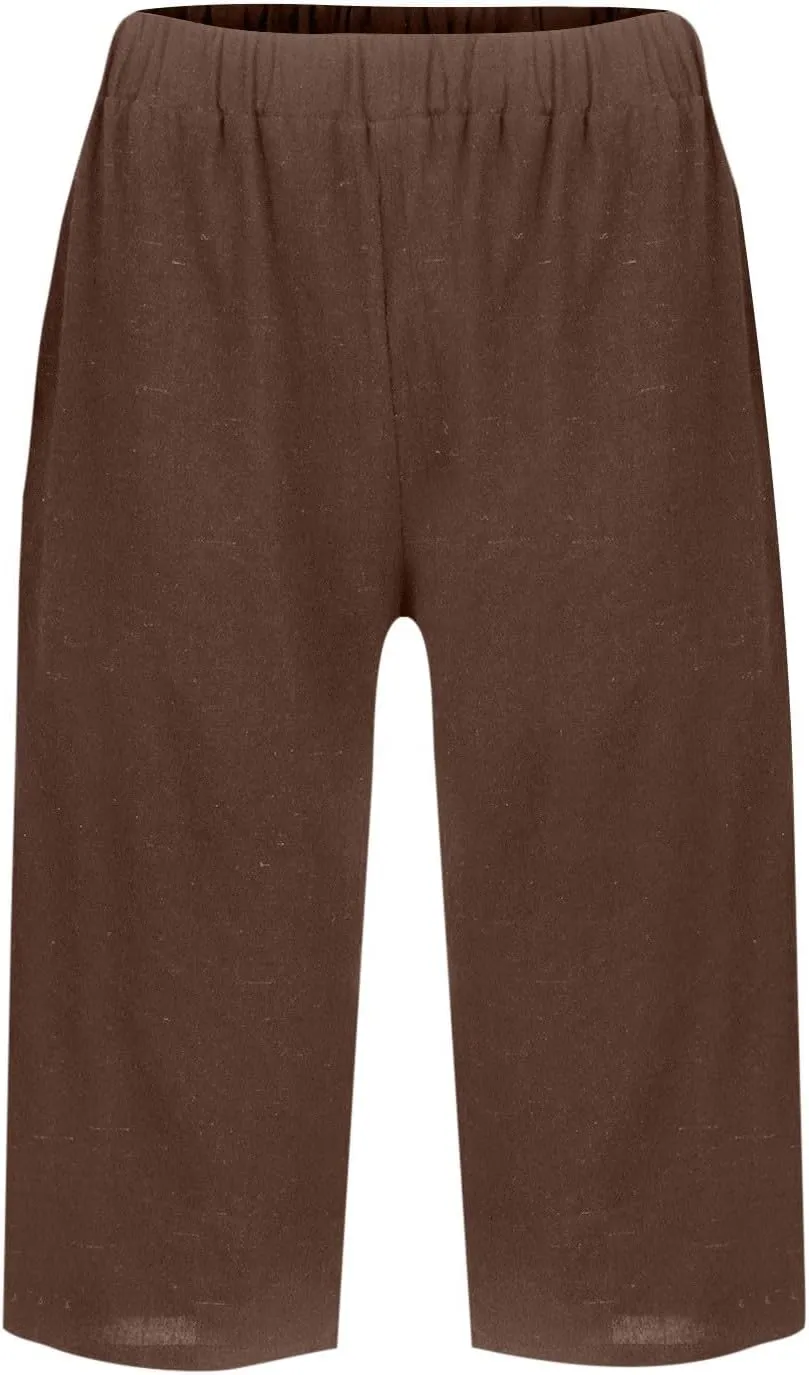 Summer Shorts for Women Elastic High Waisted Linen Pedal Pushers with Pockets Business Casual Cropped Work Pants