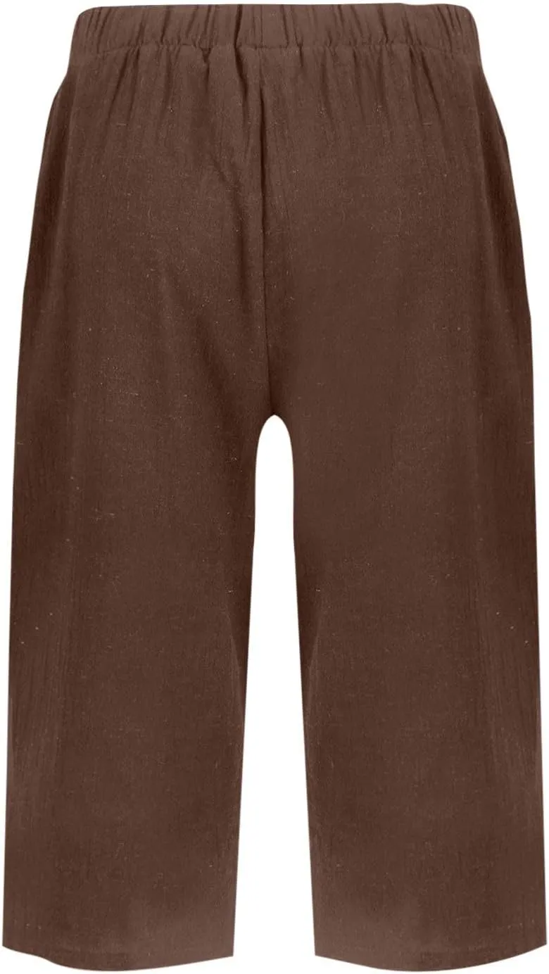 Summer Shorts for Women Elastic High Waisted Linen Pedal Pushers with Pockets Business Casual Cropped Work Pants