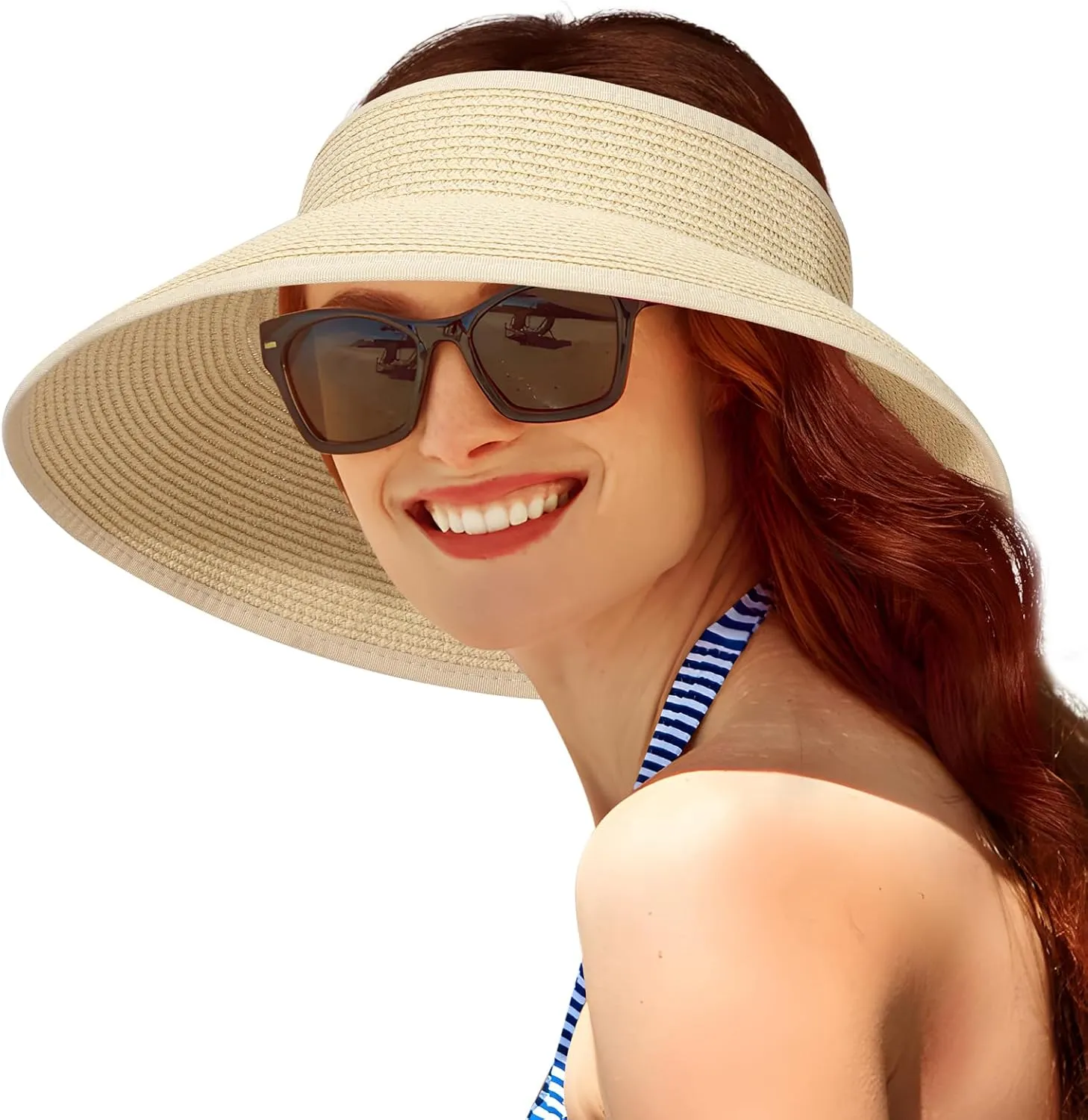 Sun Visor Hats for Women, Summer Packable Straw Beach Hat UV Protection 2025, Women's Ponytail Hat, Foldable Travel