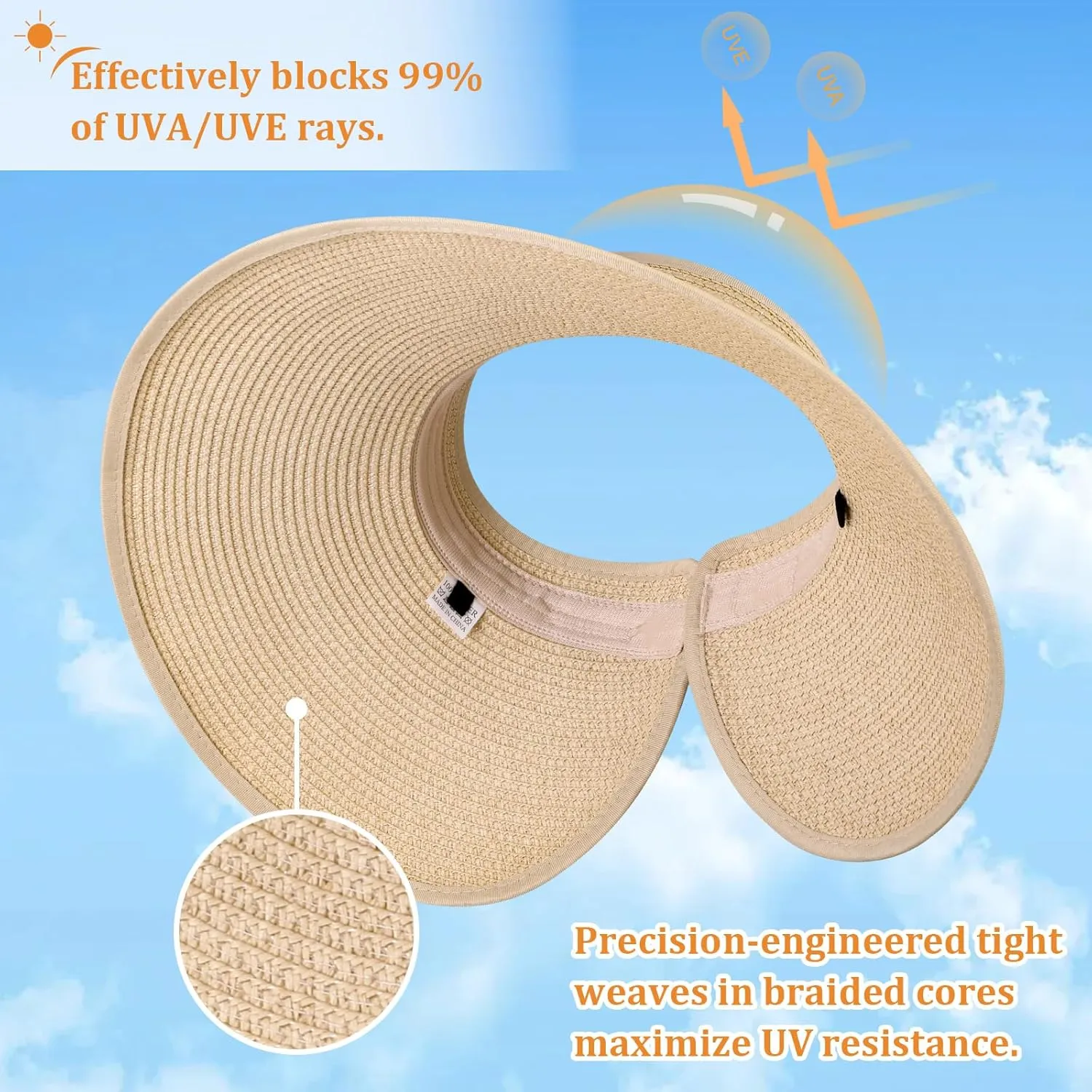 Sun Visor Hats for Women, Summer Packable Straw Beach Hat UV Protection 2025, Women's Ponytail Hat, Foldable Travel
